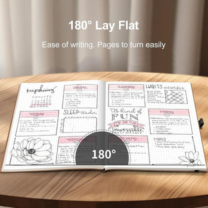 AHGXG Bullet Dotted Journal - 320 Pages Dot Grid Notebook B5 Large Journal, 100gsm Thick Dotted Paper, Leather Softcover, with Journal Stencils, Inner Pocket, 7.6'' X 10'' - Black