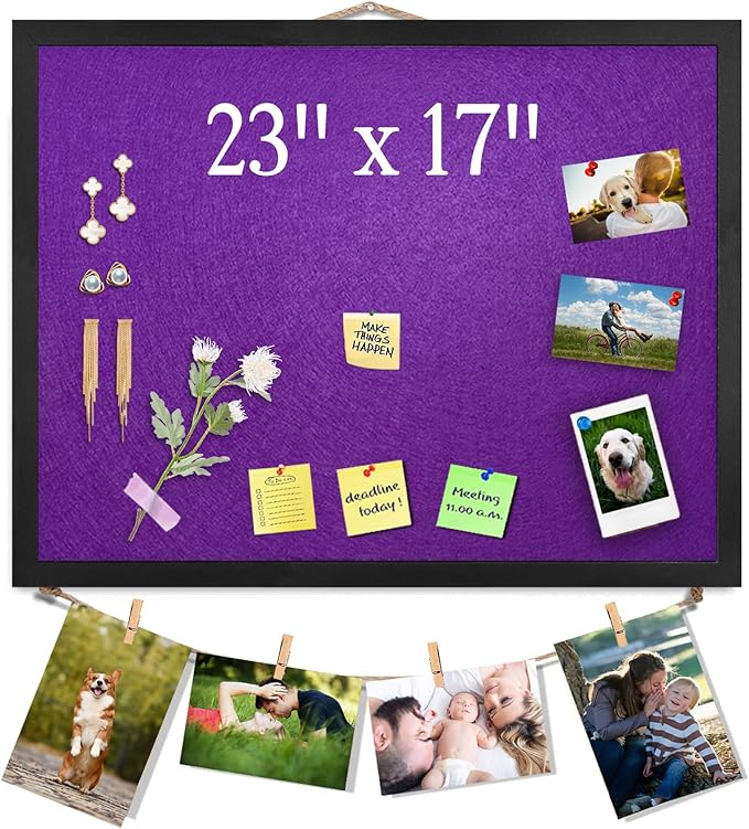 Large Bulletin Board Cork Boards Vision Board with Felt, 23"x17" Display Pin Board for Walls, Desk, Jewelry, Notes, Collection, Photos, Office, Black Framed and Purple Felt Board, 1pc