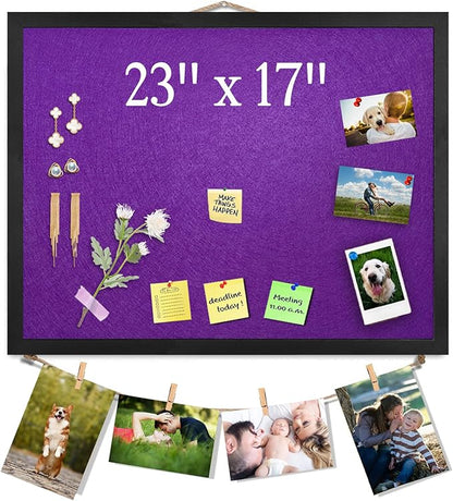 Large Bulletin Board Cork Boards Vision Board with Felt, 23"x17" Display Pin Board for Walls, Desk, Jewelry, Notes, Collection, Photos, Office, Black Framed and Purple Felt Board, 1pc
