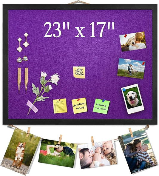 Large Bulletin Board Cork Boards Vision Board with Felt, 23"x17" Display Pin Board for Walls, Desk, Jewelry, Notes, Collection, Photos, Office, Black Framed and Purple Felt Board, 1pc
