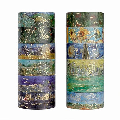 Lychii Washi Tape Set, 12 Rolls Gold Foil Van Gogh Oil Painting Patterns 5M/16.4Ft Long Decorative Masking Tapes for Planners, Calendar, Scrapbook, Journal - 15 mm