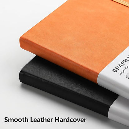 RETTACY Graph Paper Notebook, A5 Grid Notebook Journal with 192 Pages, 5.7'' × 8.3'', Medium Size, Leather Hardcover, 100 GSM Thick Paper, for Students, Homework, Math, Engineering (Orange)