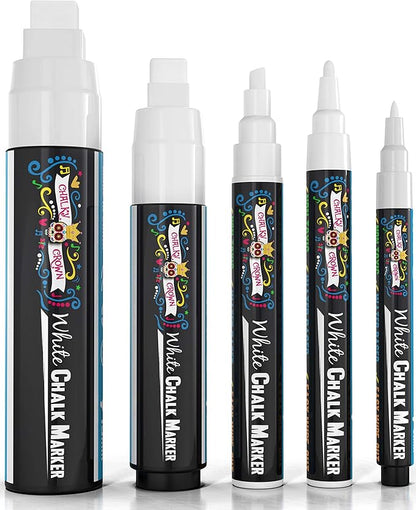 CHALKY CROWN 5pc White Chalk Markers - Non-Toxic Liquid Chalkboard Markers, White Liquid Chalk Marker for Windows, Glass - 1, 3, 6, 10, 15mm Tips