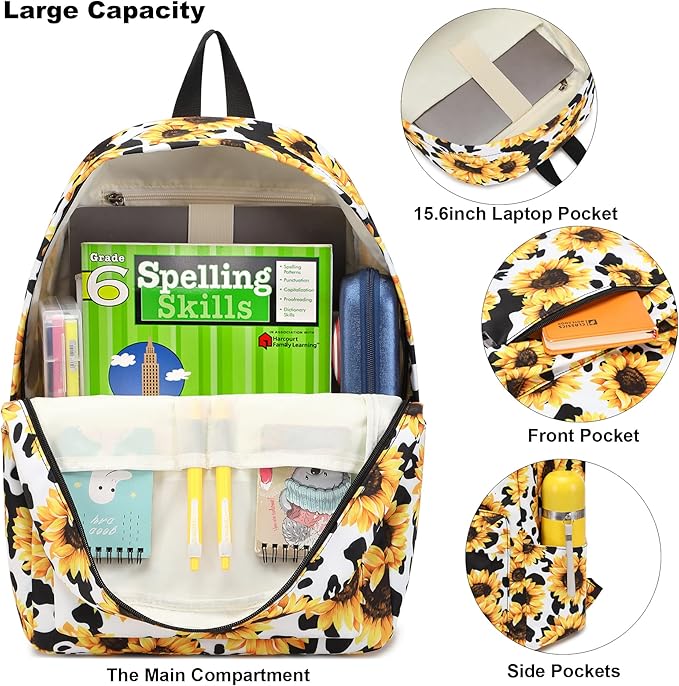 Sunflower Cow Print School Backpack for Teens Girls, Womens College Bookbags Kids School Bags Laptop Backpacks