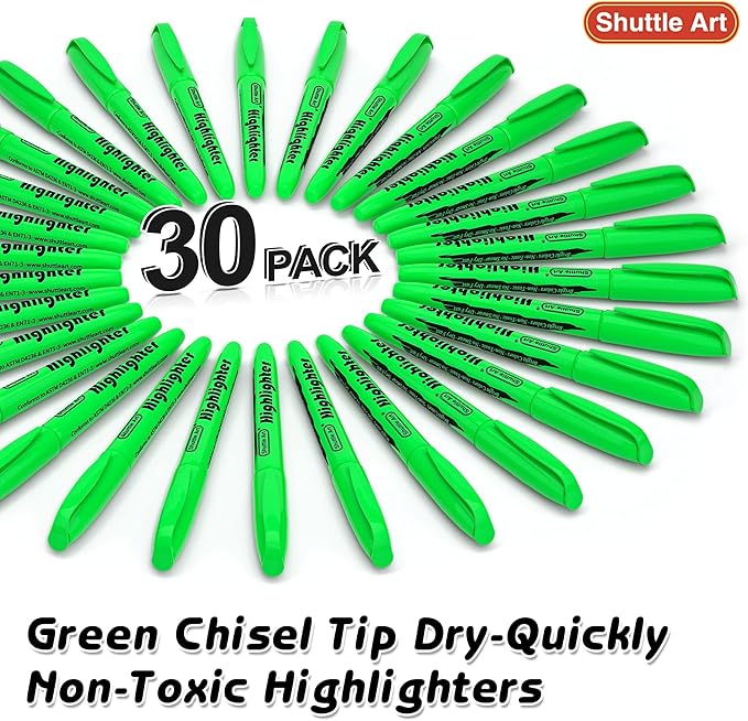 Shuttle Art Highlighters, 30 Pack Green Highlighters Bright Colors, Chisel Tip Dry-Quickly Non-Toxic Highlighter Markers for Adults Kids Highlighting in Home School Office