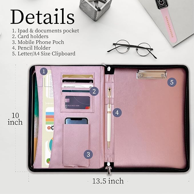 Elegant Portfolio Organizer with Handle, PU Leather Padfolio for Women/Men 13.5 x 10" with Cute Designed Notepad, Portfolio Binder for Business Class Interviews, Portfolio Bag, Portfolio Padfolio