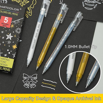Gold Silver White Gel Pens, 5 Pack, 1 mm Extra Fine Point 3 Colors Gel Ink Pens Set, Opaque White Archival Ink Pens for Black Paper Drawing, Sketching, Illustration, Card Making