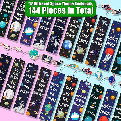Christmas Space Theme Bookmarks with Metal Charms Planet Rocket Space Ship Theme Bookmarks Inspirational Quotes Bookmarks for Space Christmas Party Favors Gifts Kids Boys Girls Encourage(144 Pieces)
