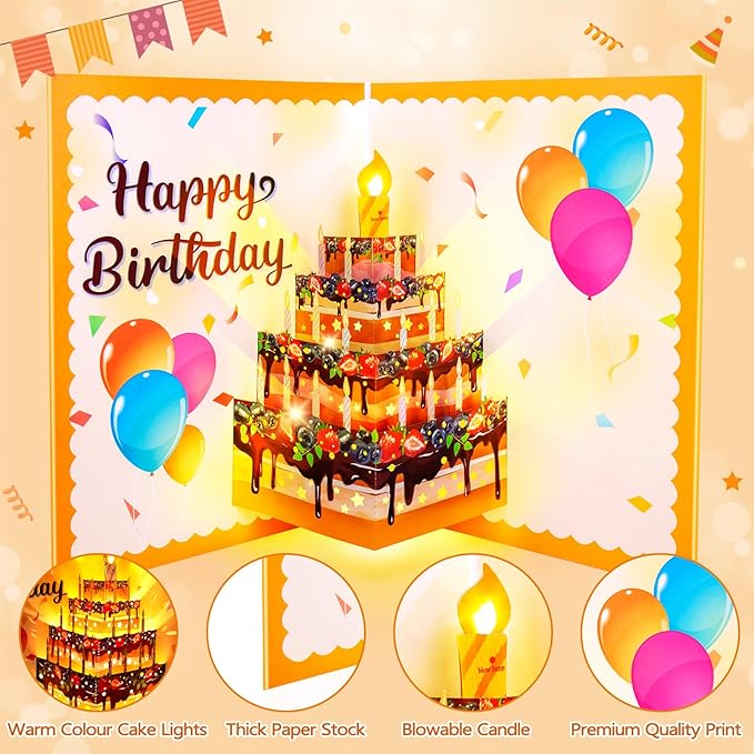 Birthday Cards, Musical Pop Up Birthday Cards with Light, Blow Out LED Light Candle and Play Happy Birthday Music Pop Up Card, 90 Degree Vertical Cake Greeting Card, Birthday Gifts for Women