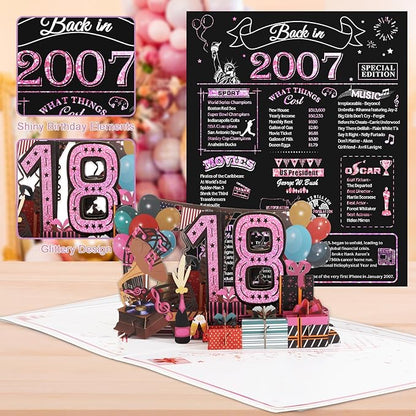 18th Birthday Card for Girls Her, Jumbo 3D Pop Up Sweet 18th Birthday Gifts Cards, Back In 2007 Happy 18 Year Old Birthday Decorations Cards Card for Daughter Granddaughter, Rose Gold
