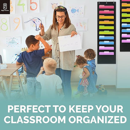Hippo Creation Heavy Duty Storage Pocket Chart for Classroom, 10 Pocket Storage Organizer with 6 Over-Door Hangers, Hanging Wall Organizer for File Folders, School Mailbox, Home Office Papers - Black