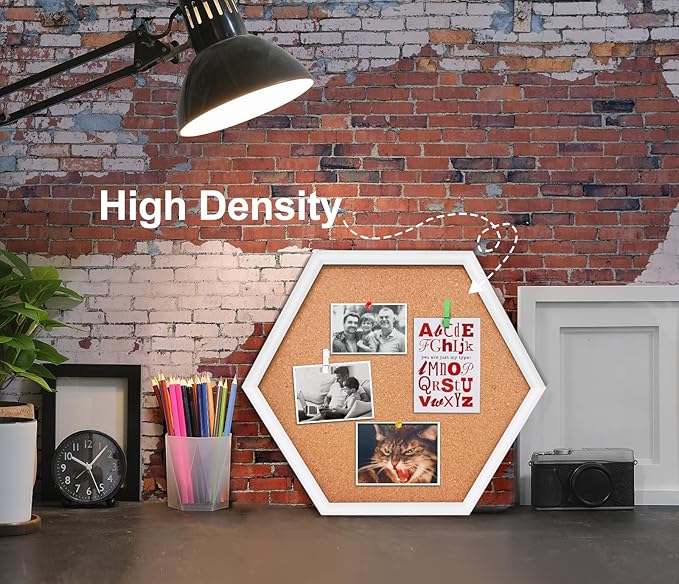EVNEED 4 Pack Cork Bulletin Board Hexagon, Small Framed Corkboard Tiles for Wall, Thick Decorative Display Boards for Home School Office,School Message Board with 16 Push Pin Wood Clips,White