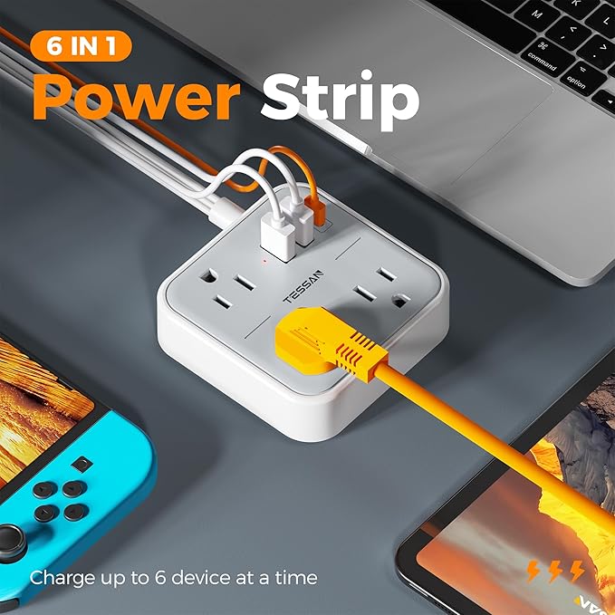 Ultra Thin Flat Extension Cord 5 FT, TESSAN Slim Power Strip with USB Ports (1 USB C), Surge Protector Flat Plug Wall Charger with 3 Outlets for Office, School, Dorm Room Essentials