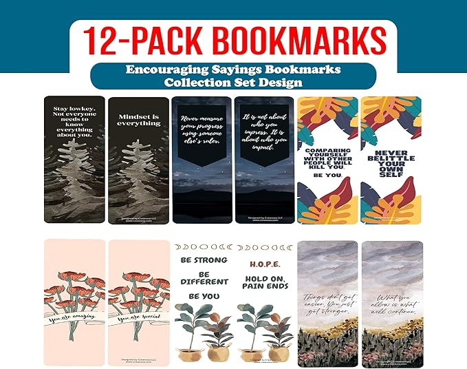 Creanoso Encouraging Sayings Bookmarks (2-Sets X 6 Cards) – Daily Inspirational Card Set – Interesting Book Page Clippers – Great Gifts for Adults and Professionals
