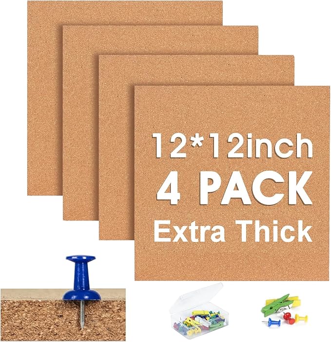 Cork Bulletin Square Board for Walls - SVOPY 4 Pack Extra Thick 12x12 Inches Cork Board Tiles for Home Office Decor, Cork Sheet,School Message Board Decorative Display Boards