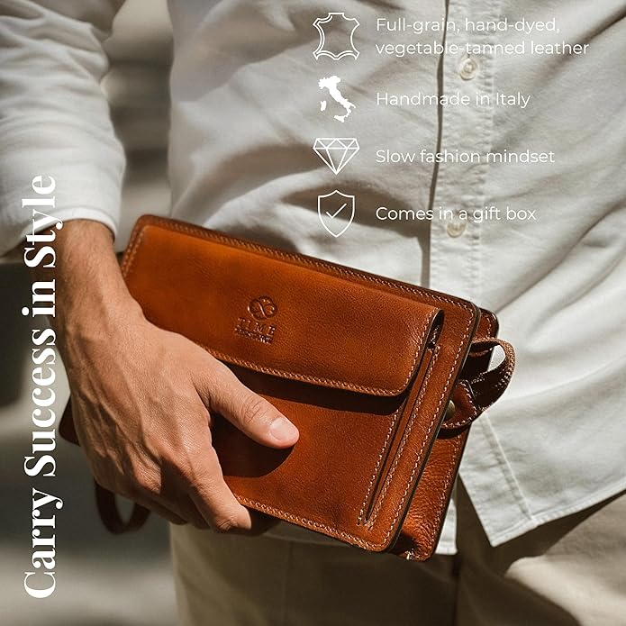 Time Resistance Leather Clutch for Men Organizer Wrist Bag Briefcase Handmade in Italy Gift Box Included