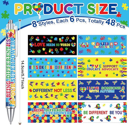 48 Pcs Autism Awareness Pens Mental Health Awareness Ballpoint Pens Bulk Colorful Puzzle Pieces Pens Motivational Gifts for Classroom Office Stationery Favors Supplies