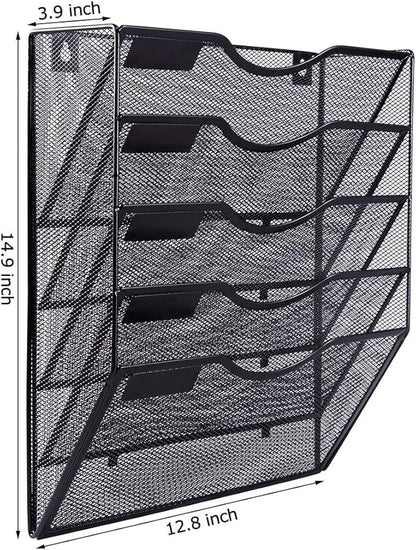 EASEPRES 5 Pocket Mesh Hanging Wall File Organizer, Wall Mounted Mail Paper Document Folder Holder, Clipboard Storage Organization Magazine Rack with Nametag Label for Office Home School, Black