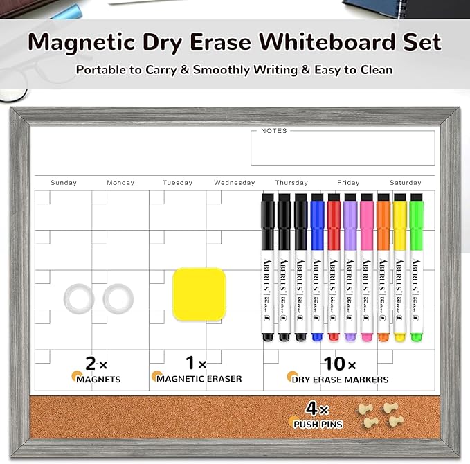 Monthly Whiteboard Calendar & Corkboard for Wall, Magnetic 17"x13" Dry Erase Board with Gray Wood Framed, 2in1 White Board Cork Board Combo, Calendar Bulletin Board for Kitchen Planner Memo Office