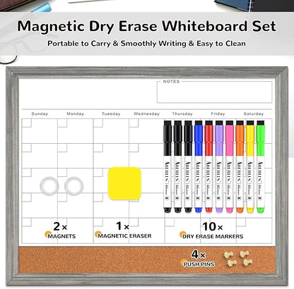Monthly Whiteboard Calendar & Corkboard for Wall, Magnetic 17"x13" Dry Erase Board with Gray Wood Framed, 2in1 White Board Cork Board Combo, Calendar Bulletin Board for Kitchen Planner Memo Office