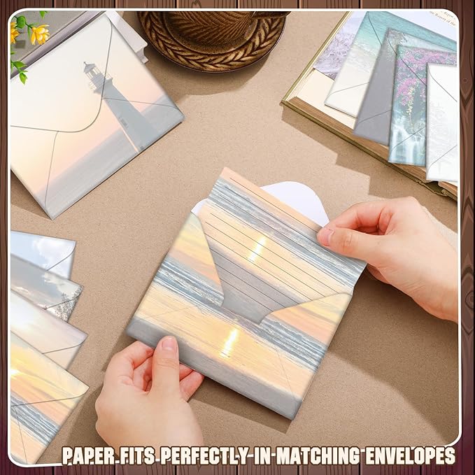 TaoBary 160 Packs Stationery Paper Set (50 Double Sided Stationery Writing Papers 50 Matching Envelopes) 60 Round Dot Sticker, 10 Design(Scenic Nature,5.5 x 8.25 Inch)