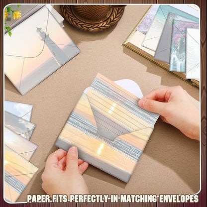 TaoBary 160 Packs Stationery Paper Set (50 Double Sided Stationery Writing Papers 50 Matching Envelopes) 60 Round Dot Sticker, 10 Design(Scenic Nature,5.5 x 8.25 Inch)