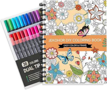Adult Coloring Book Set,Spiral Bound Coloring Book for Adults Relaxation with 36 Colors Markers, Anxiety Relief Gifts with 30 Patterns Included Mandala Animal Flowers