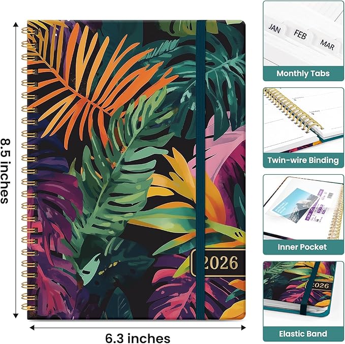 2026 Planner, Aesthetic Weekly and Monthly Planner for Women, Jan 2026 to Dec 2026, Hardcover 2026 Calendar Book with Monthly Tabs, Inner Pocket, Perfect for Office Home School - A5 (6.3" x 8.5"), Tropical Palms