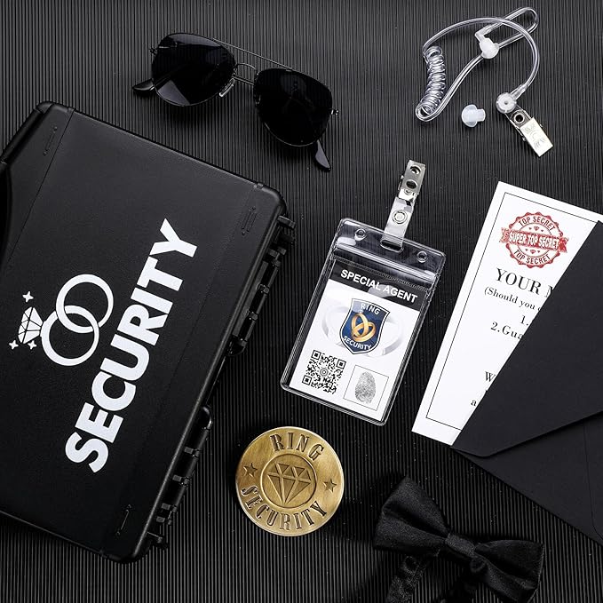 Aoriher Ring Security Wedding Set Include Ring Bearer Box Security Badge Sunglass Security Earpiece Bow Tie ID Badge Holder with ID Card Envelope Invitation Card for Proposal Gift(18 Pcs)