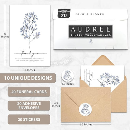 AUDREE 20 Pcs Funeral Thank You Cards with Envelopes Message Inside and Matching Stickers - Bulk 4×6 Watercolor Single Flowers Bereavement Thank You Cards For Funeral