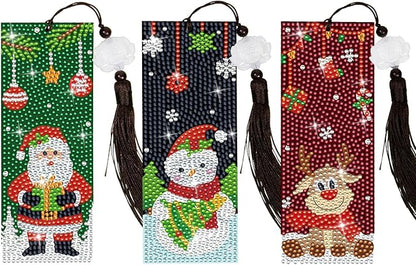 Anseal Christmas Diamond Painting Bookmarks for Book Lovers, Rhinestone PU Leather Diamond Art Bookmark for Women Girls, Tassel Beaded Book Mark for Graduation Birthday Christmas Reading Present