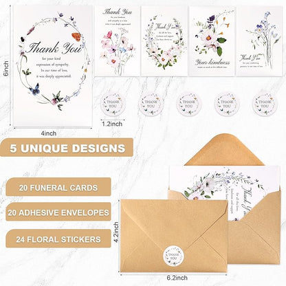 C2U Funeral Thank You Cards with Envelopes(20 Pack 4"x6"),Stickers & Message Inside - Wildflower Bereavement Sympathy Thank You Cards for Funeral Family Friends Loved Ones