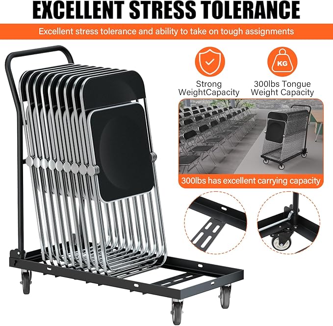 Folding Chair Cart,Tolerable 300 LBS,Multi-Function Chair Cart,Folding Chair Dolly, 4" 360 Degree Swivel Wheels with 12 Folding Chairs Capacity for Commercial & Home Kitchen Folding Chair Racks