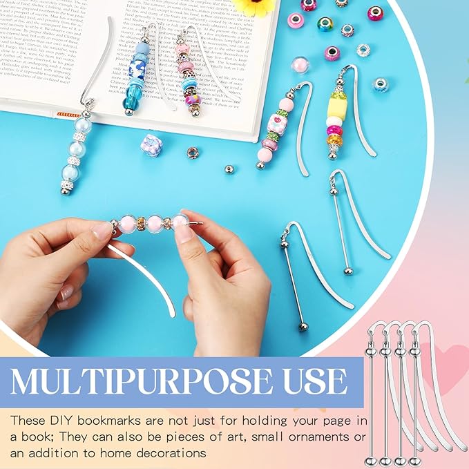 8 Pcs Beadable Bookmarks DIY Metal Blank Bar Bookmark for Beads Modern Beaded Bookmark Craft Jewelry Pendant Charm Gift for Book Lovers Student Teacher Office Supplies (Silver)
