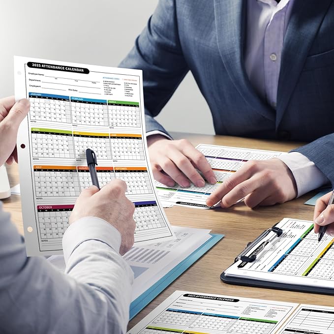 ReliThick 50 PCS 2025 Attendance Calendar Card Stock Paper 2025 Attendance Sheets for 3 Hole Binder Employee Record Folders for Manager, HR, Store Location Managers(Multicolor)