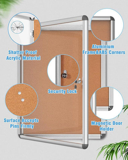 2 Pack 26"x20" Enclosed Bulletin Board, Lockable Weather-Resistant Aluminum Cork Noticeboard for School & Office, Silver Frame w/Cork
