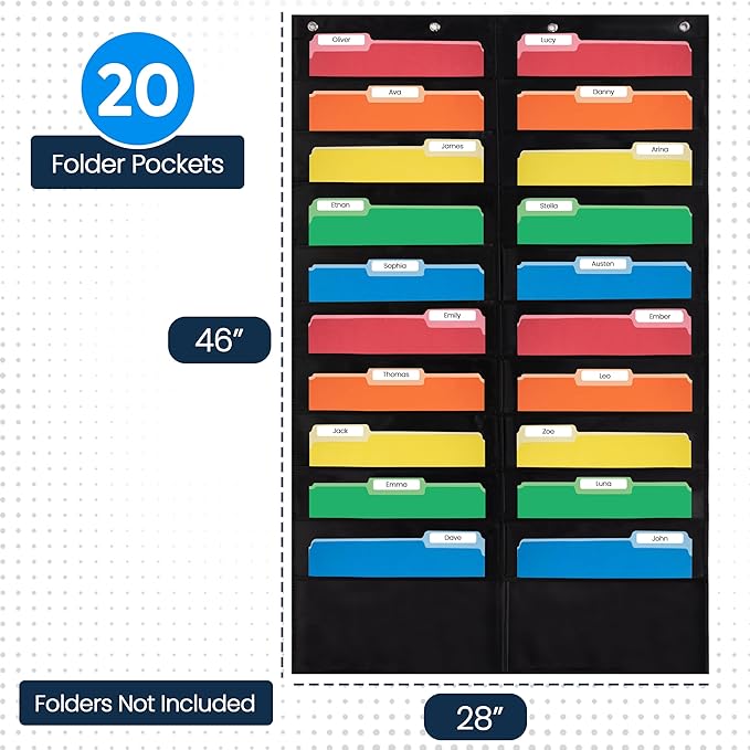 20 Pocket File Pocket Chart, Black, 28" Wide x 46" Tall - Versatile Wall Hanging File Folder Organizer for Classroom, Office, Home, and More - Wall Folder Organizer - 20 Pockets