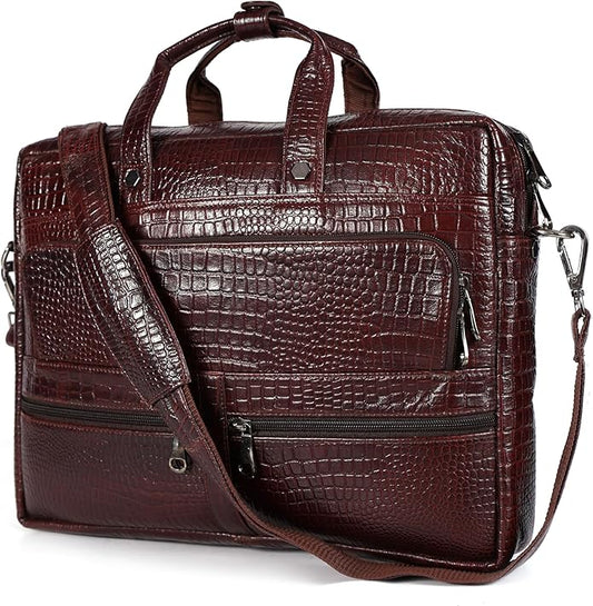 Crocodile Embossed leather bag for men, 5 Zipper Pockets with Spacious Compartments.,12 x 16 x 4 inches.