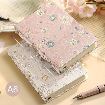 Pocket Notebook, A6, 4x6, Silk Cover, Hardcover, Lay Flat, Small Embroidered Journal, Cute Notebook, Lined Notebook & Sketchbook, Personal Writing Journal for Women, Beautiful Notebook, Pink