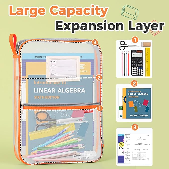 Pendancy Mesh Zipper Pouch 14.8x10.8 in Transparent Lightweight Nylon File Folders, A4 Size Multi-Layer Subject Document Organizer Accessories Storage Bag for Office and School Supplies(Orange)