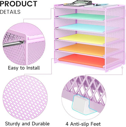 6 Tier Paper Organizer, Metal Mesh Desk File Organizer, Letter Tray Organizer, Paper Sorter Desk Organizer for Office, Home or School File Folder Holder - Purple