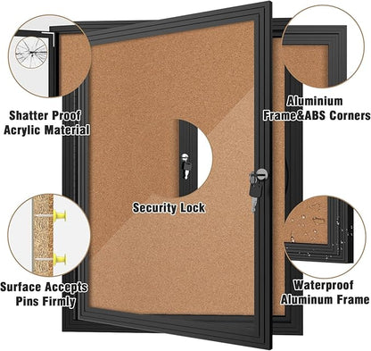 26"x20" Enclosed Bulletin Board, Outdoor Lockable Weather-Resistant Aluminum Cork Noticeboard for School & Office, Silver Frame w/Black Flet