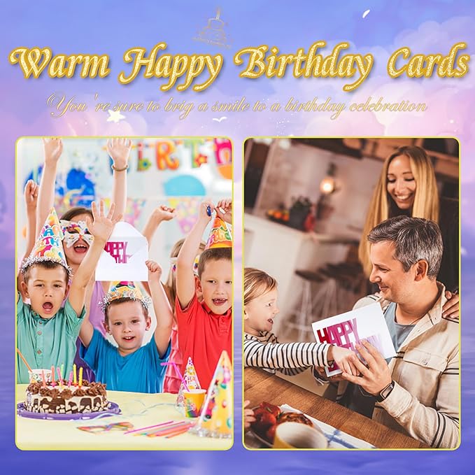 102 Pack Happy Birthday Cards Bulk Box Set with Envelopes 4 x 6 inch, Blank Inside, 6 Designs for Students, Work, Office, Colorful Ombre Font (Plus 102 Pack Envelopes)