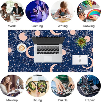 Colorful Star Starry Sky Large Desk Pad, Celestial Moon and Sun Extended Gaming Mouse Pad Non-Slip Desk Mat, Leather Blue Keyboard Mat for Desktop Gaming Accessories 31.5"x15.7"
