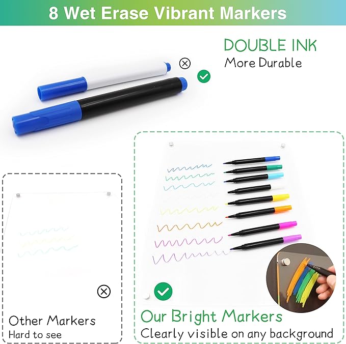 Acrylic Magnetic Dry Erase Board for Fridge 16"x12" Magnetic Whiteboard for Fridge Acrylic Dry Erase Board for Refrigerator Clear Acrylic Board Magnet White Board for Fridge Wall 8 Markers