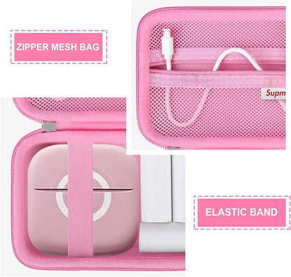 Hard Travel Case for Cabaro Mini Printer Sticker Thermal Printer, Bluetooth Portable Phone Printer Storage Holder Protection Case with Zipper Mesh Pocket fit Rolls Paper, Charging Cable, Pink
