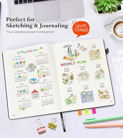 Graph Paper Notebook Journal,360 Numbered Pages Grid Notebooks,Thick 100gsm Graphing Paper Notebook Journal for Writing Women Men, A5 Large Hardcover Leather Graph Notebook 5.75''× 8.38''Black