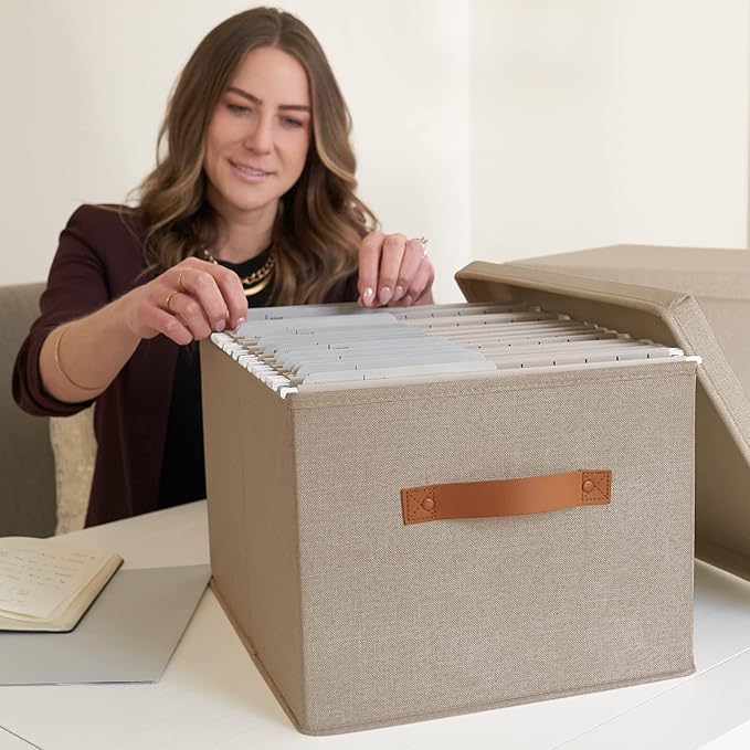 ZICOTO Decorative File Organizer Box Set of 2 - Collapsible Linen Filing Cabinets w/Handles Are Perfect to Store all Your Documents & Hanging File Folders - Portable Easy Slide Crates with Lid