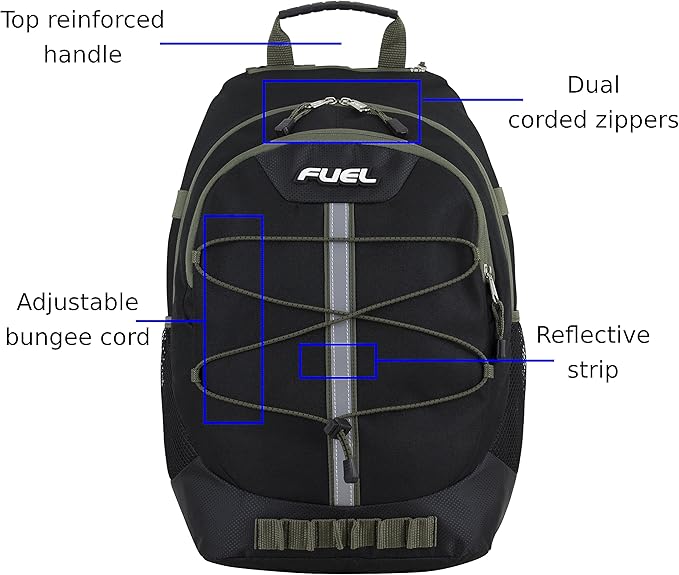 FUEL Hiking Backpack for Women Men Terra Sport, Travel, College, Gym, Work with Laptop Sleeve, Bungee, 18 Inches, Black