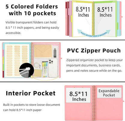 Ospelelf Pink Foldable Spiral Clipboard Folio with Storage Zipper Pouch, 5 Plastic Folders with 10 Pockets,Refillable Lined Notepad (11" x 8.5"), Hardcover Project Organizer with 39 Stickers